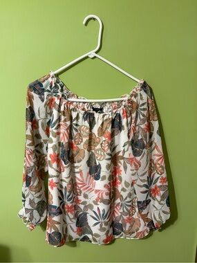 DREW Cream Floral Blouse with Coral and Green Accents